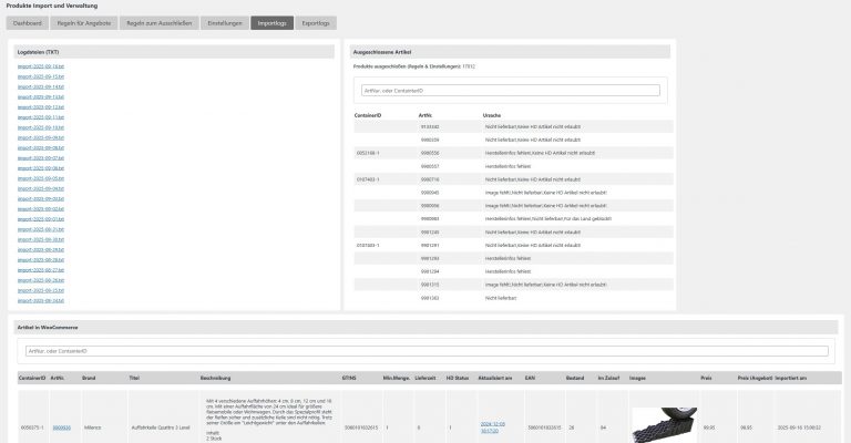 Produkte Import und Verwaltung - Importlogs