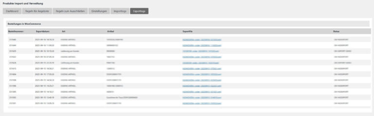 Produkte Import und Verwaltung - Exportlogs